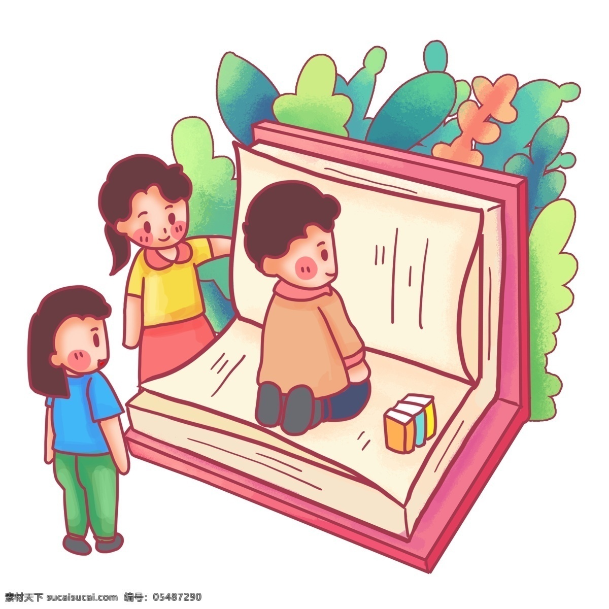 世界 读书 日 创意 场景 夸大 认真看书 翻页 世界读书日 阅读 书本 学习 知识 4月23日 看书 认真 卡通 萌 绿叶 绿色 书籍