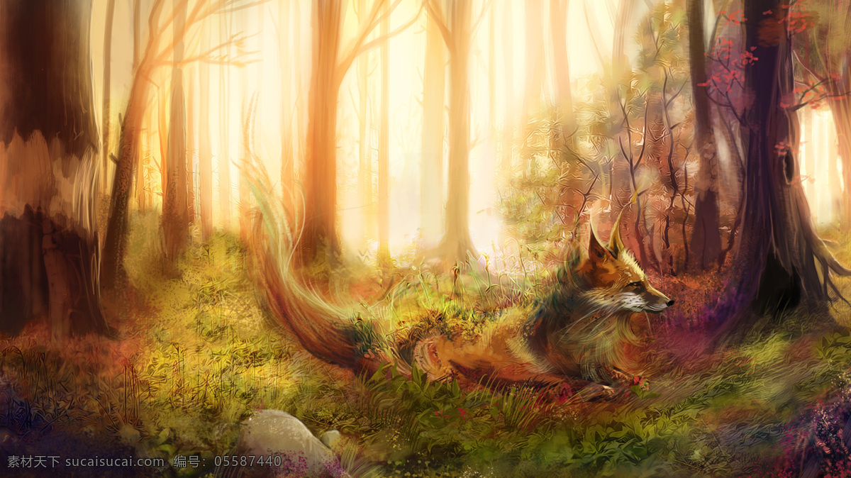 卡通 森林 狐狸 高清 绘画 神秘 童话 梦幻 树林