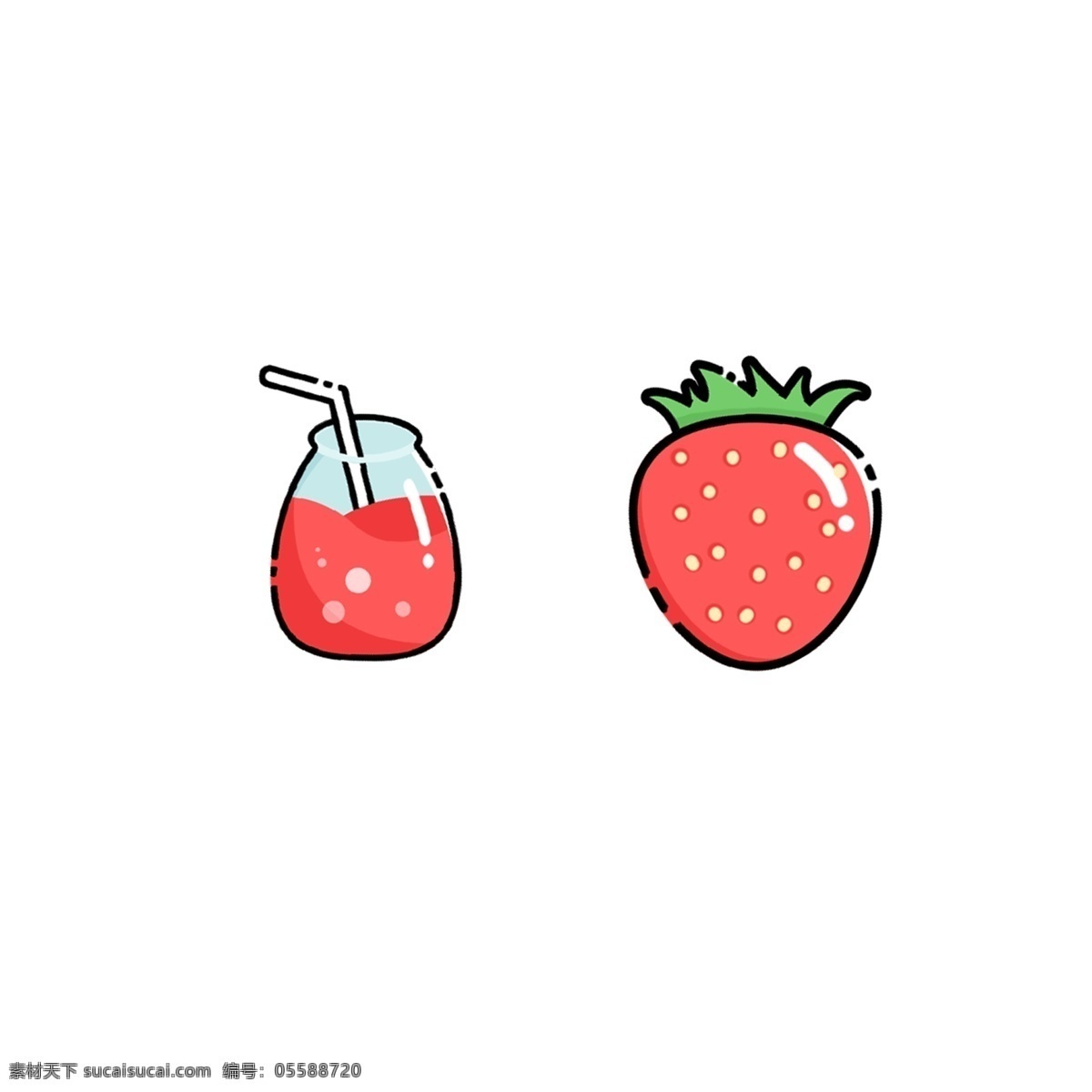红色 手绘 卡通 草莓 卡通草莓 手绘草莓 水果 粉色 绿色 果汁 奶油草莓