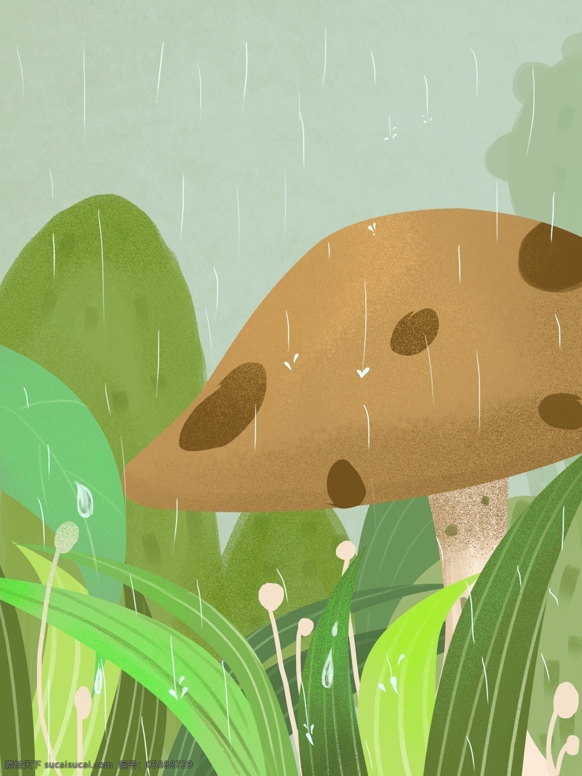小雨 节气 蘑菇 插画 背景 下雨 小雨节气 插画背景 绿色背景 治愈系背景 植物背景