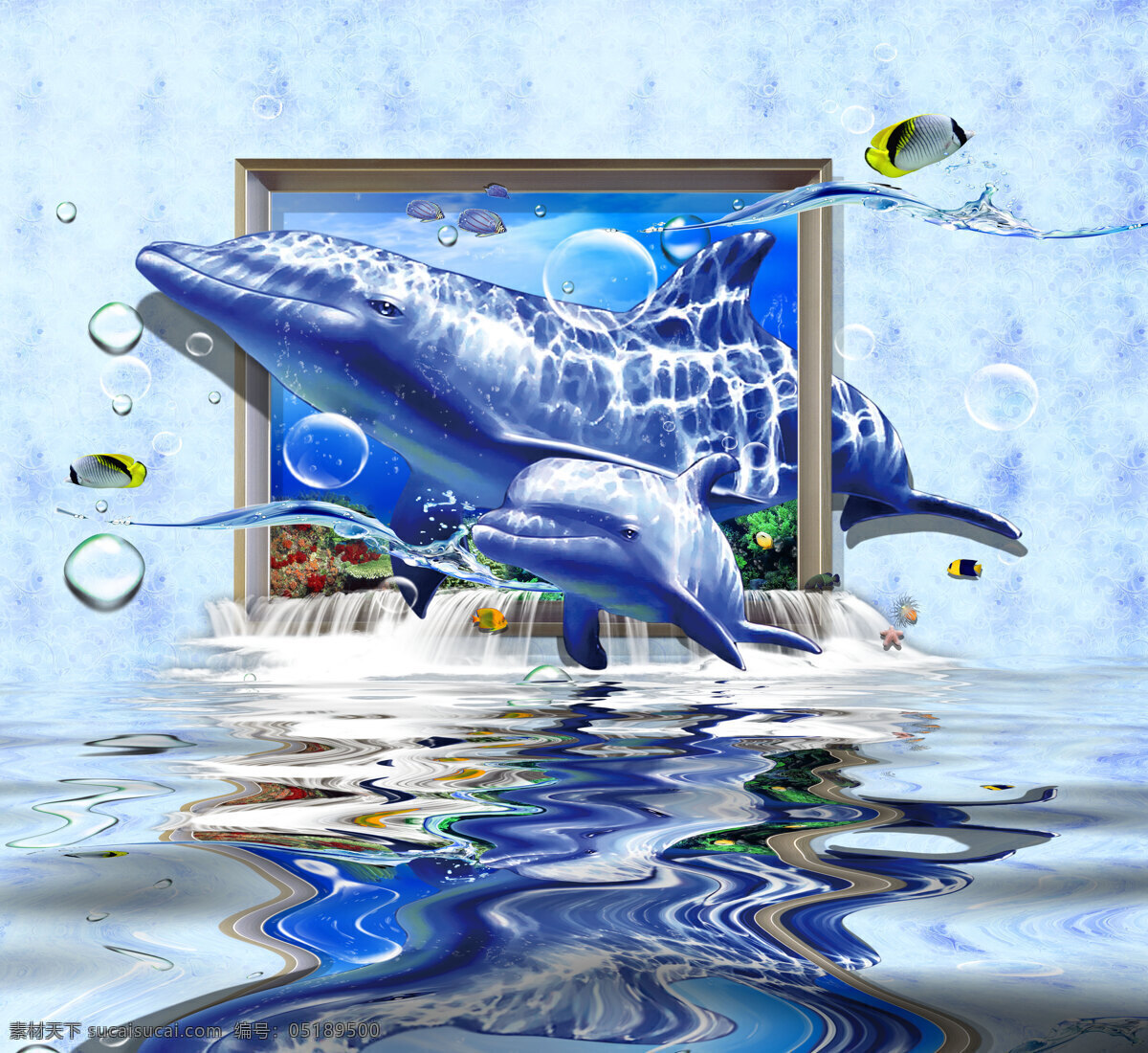 3d 立体 海豚 倒影 背景 墙 背景墙 3d渲染 3d模型 效果图