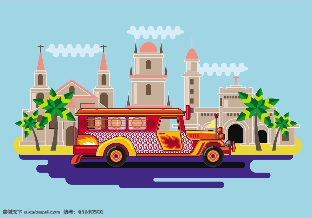 中国 花纹 吉普车 插画 中国花纹 手绘吉普车 矢量素材 城市背景 城堡 车辆