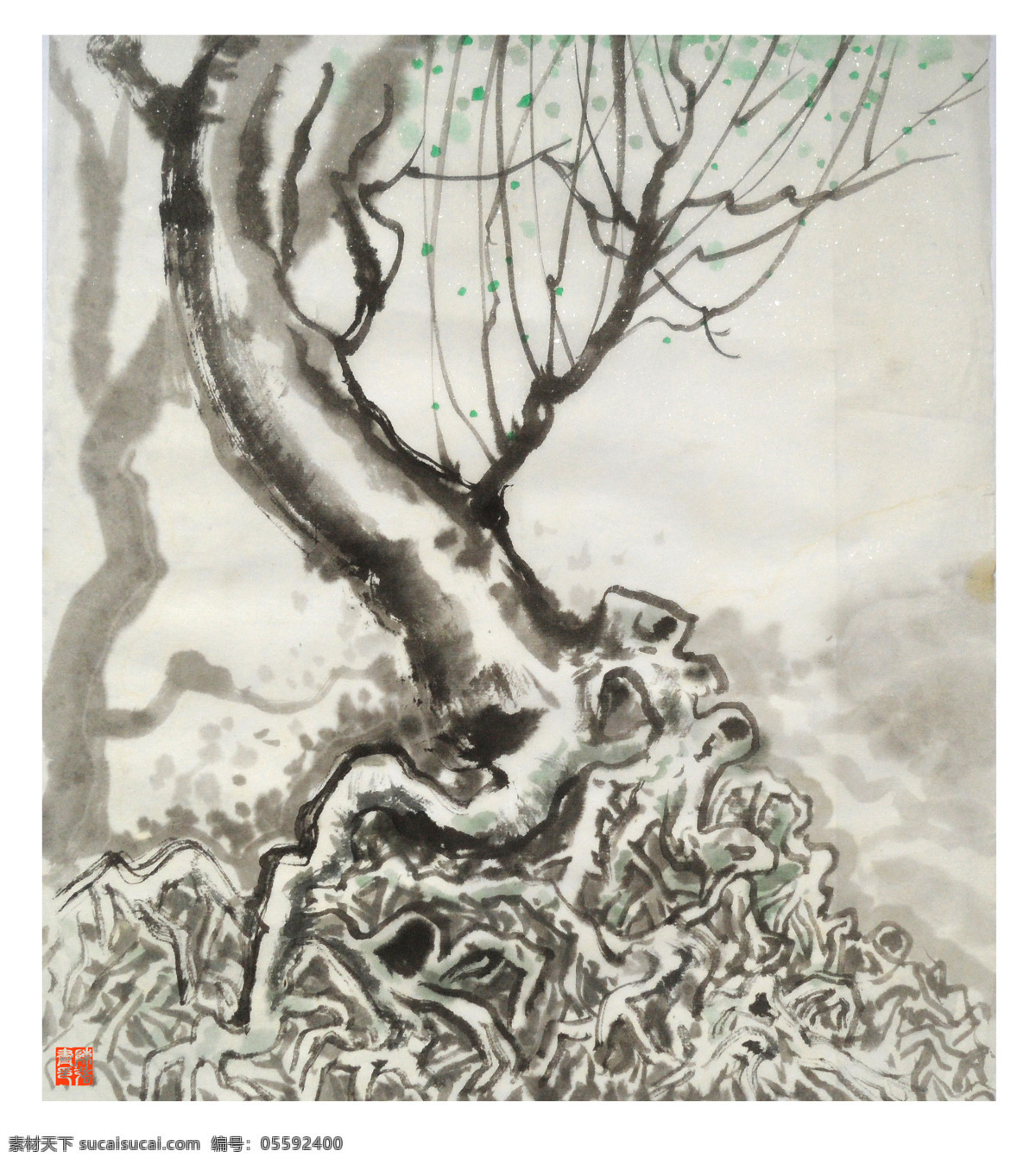 国画山水 绘画书法 老树 树根 树木 树枝 文化艺术 根基如山 中国画 纸本设色 印章 陈强 国画作品 家居装饰素材 雕刻 图案