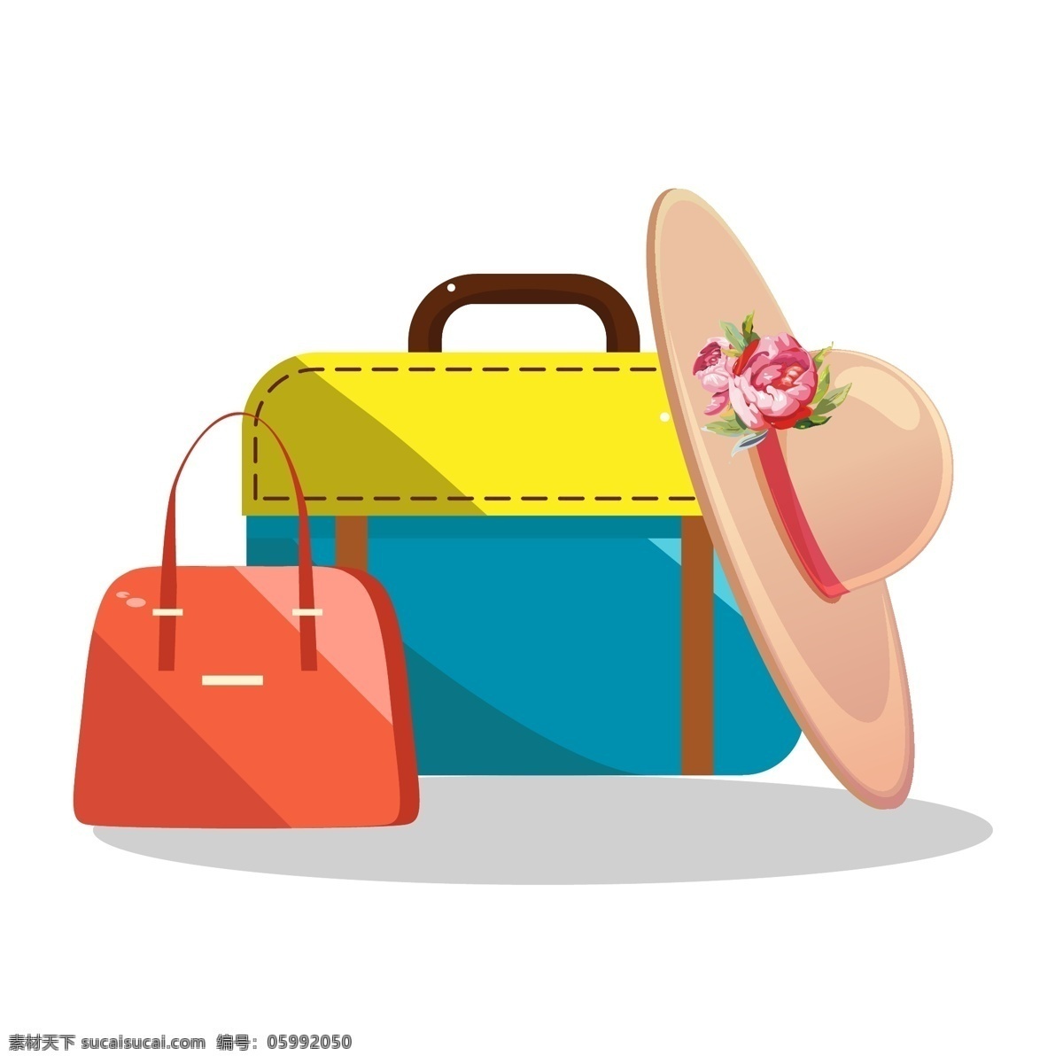 夏日 度假 行李 插画 夏日度假 夏季旅游 旅行 女士包 出差 女士行李 红色手提包 蓝黑色 行李包 米色的遮阳帽 带花帽子