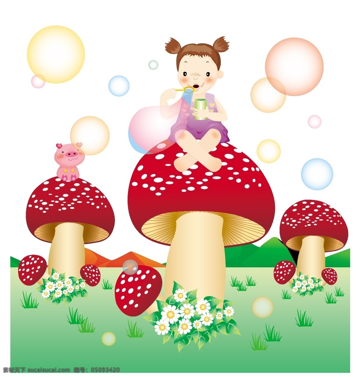 坐在 蘑菇 上 孩子 童话 可爱 卡通 白色