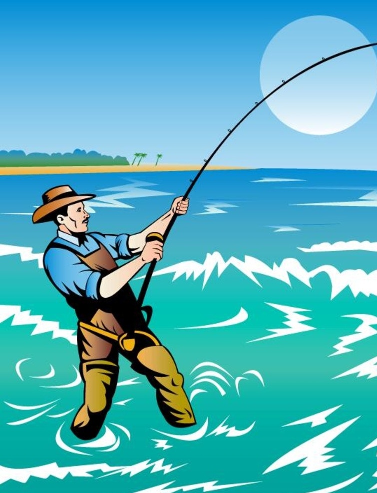 渔夫钓鱼 渔夫冲浪铸造 垂钓 海滩 海洋 渔业 捕鱼 卡通渔夫 人物 带 背景 矢量 人物图库 生活人物