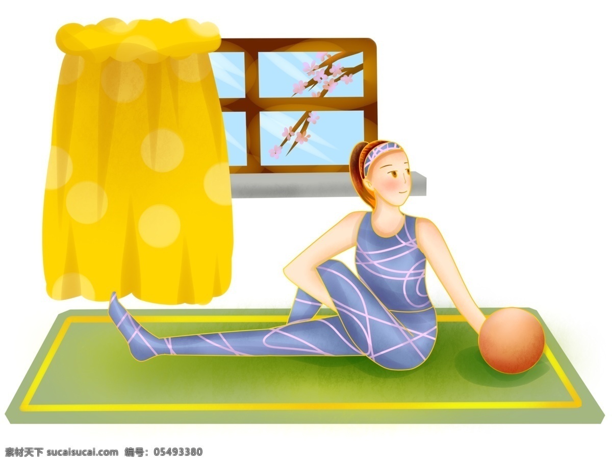 体操 健身 小女孩 运动健身插画 体操健身 健身的小女孩 黄色的窗帘 卡通人物 橙色的圆球