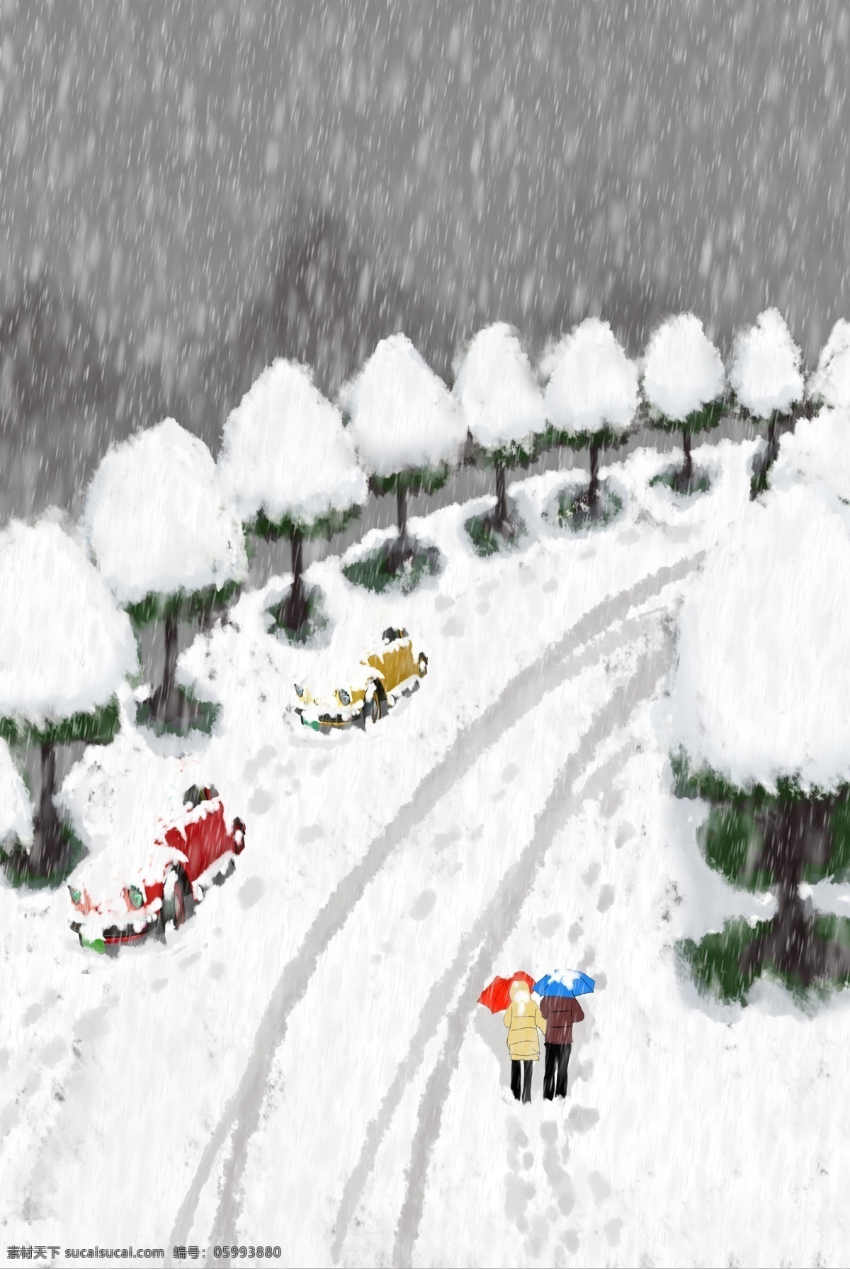 卡通 手绘 水墨 风 大雪 背景 雪景 二十四节气 人物 树 街