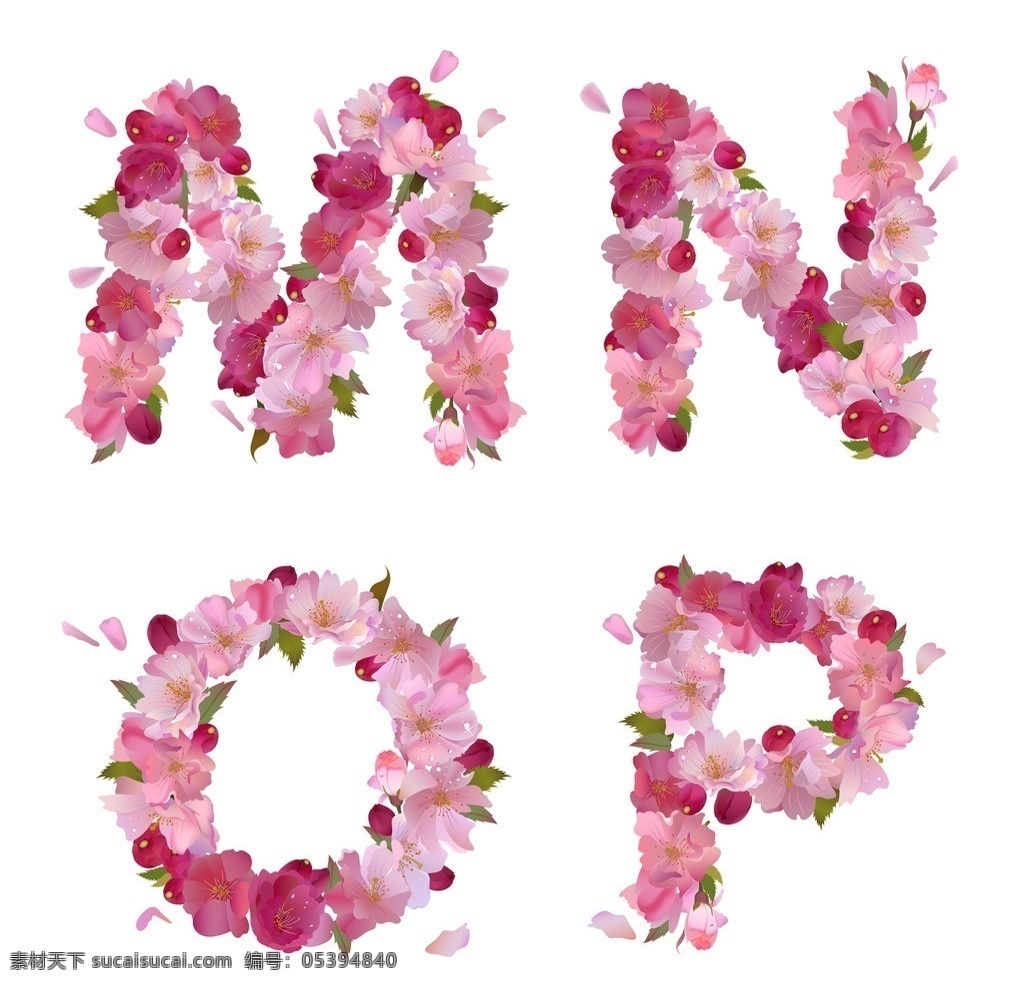 花卉字母 花卉 创意字母 字母设计 字母 桃花 花瓣 绿叶 鲜花 花朵 时尚字母 英文字母 拼音字母 矢量