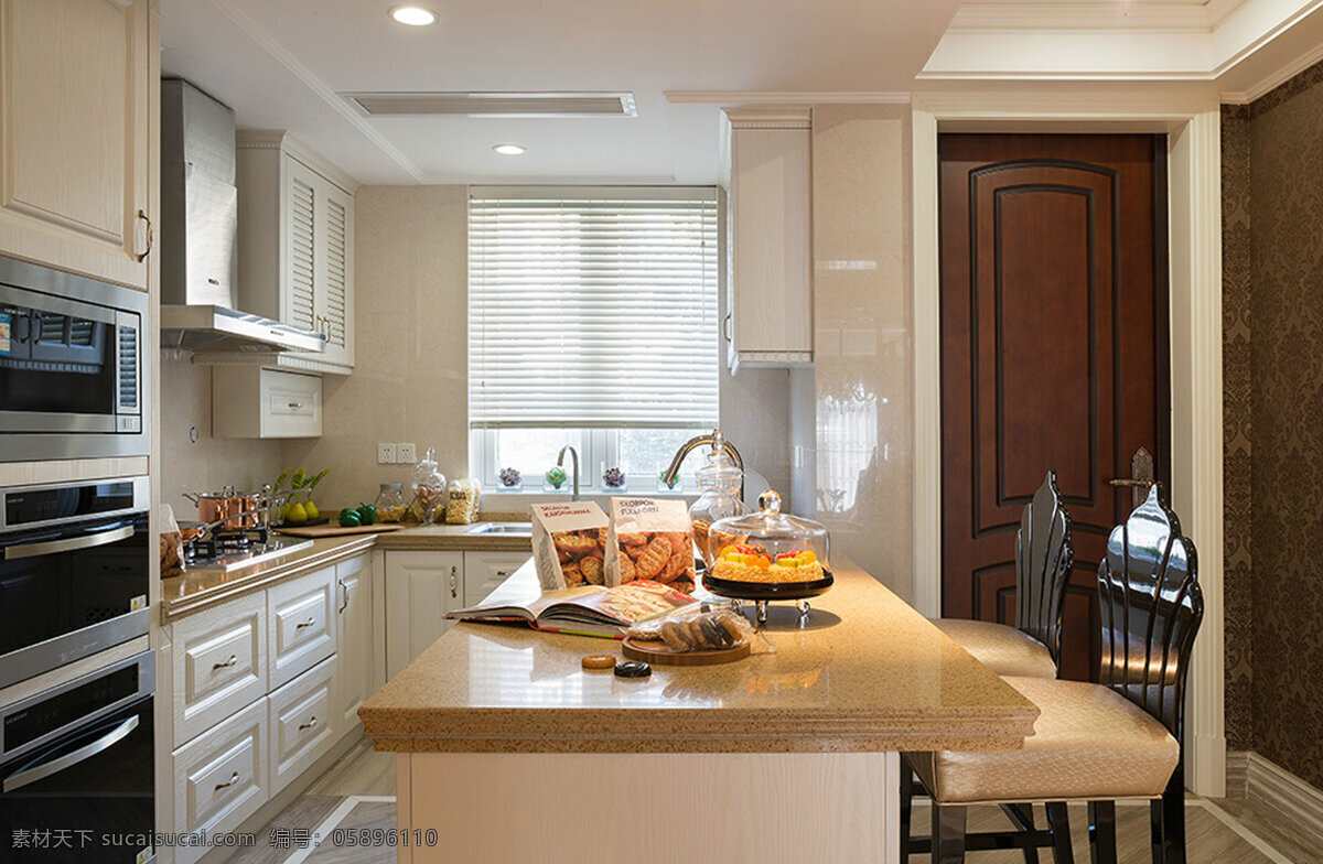 欧式 厨房 餐桌 装修 效果图 白色橱柜 射灯吊顶 灶具 烤箱