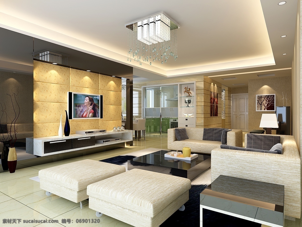 大气 庄重 客厅 装修 灯带 电视墙 吊灯 3d模型素材 室内装饰模型