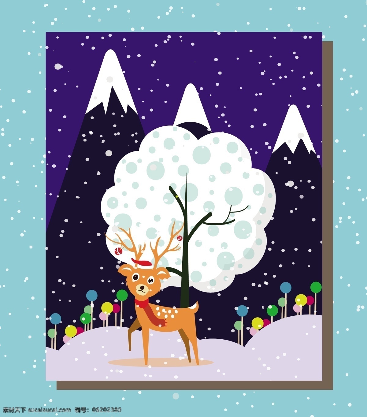 冬季 可爱 圣诞 元素 圣诞海报 圣诞节 冬天海报 麋鹿 树木 雪山 下雪