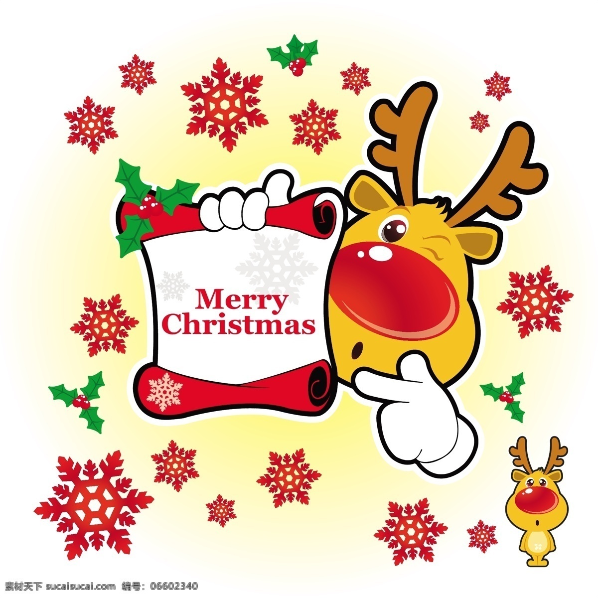 圣诞贺卡 表达 载体 插图 花 可爱的 喇叭 鹿 漫画 人物 圣诞节 树叶 问候 驯鹿 红鼻子 大鼻子 鲁道夫 槲寄生 自然 矢量图 日常生活