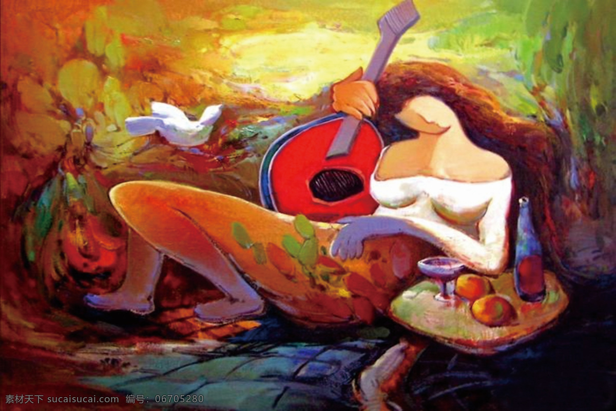 高清抽象油画 吉他 少女 白鸽 抽象画 咖啡厅装饰画 ktv装饰画 黑色