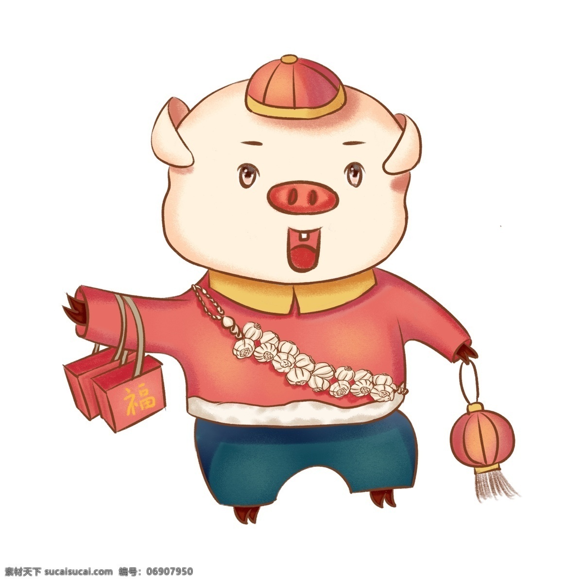 2019 猪年 传统 习俗 买 年货 卡通手绘 可爱小猪 猪买年货 猪买灯笼 猪买大蒜 买年货的小猪 手提 灯笼 小 猪