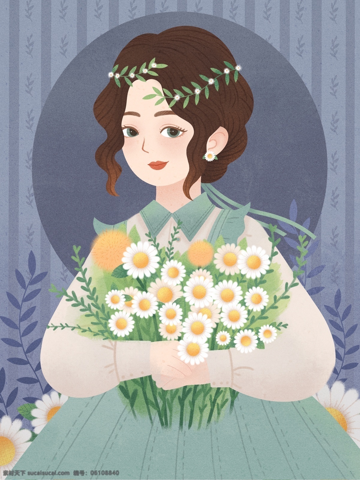 复古 肌理 插画 抱 雏 菊花 束 少女 植物 人物 花朵 花束女孩 雏菊