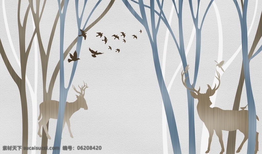 森林小鹿 现代简约 背景墙 复古手绘 3d画
