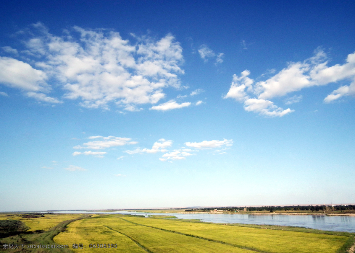 蓝天 下 绿水 河水 白云 绿草地 绿地 风景 田园风光 自然景观