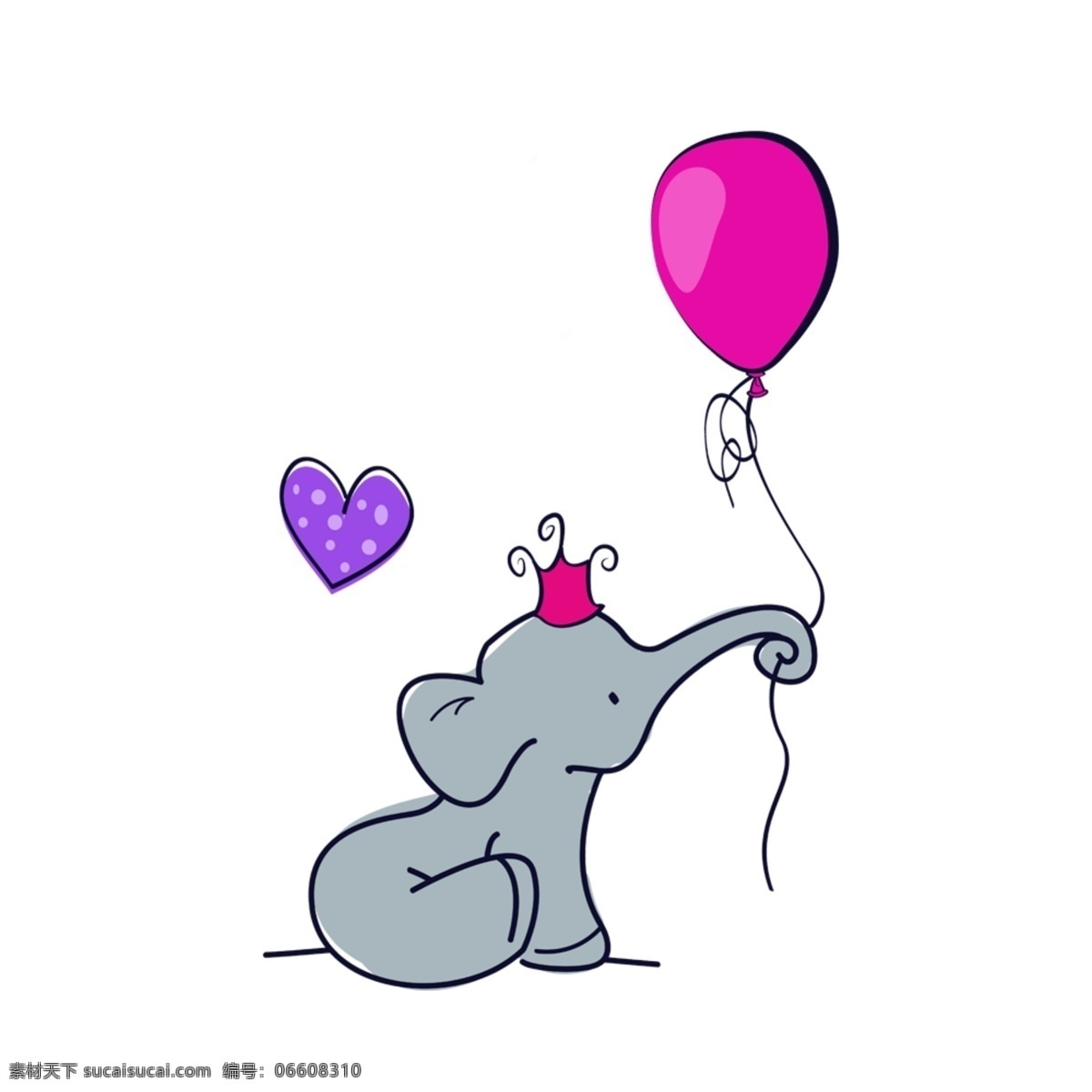 大象 鼻子 卷 气球 心形 灰色 卡通