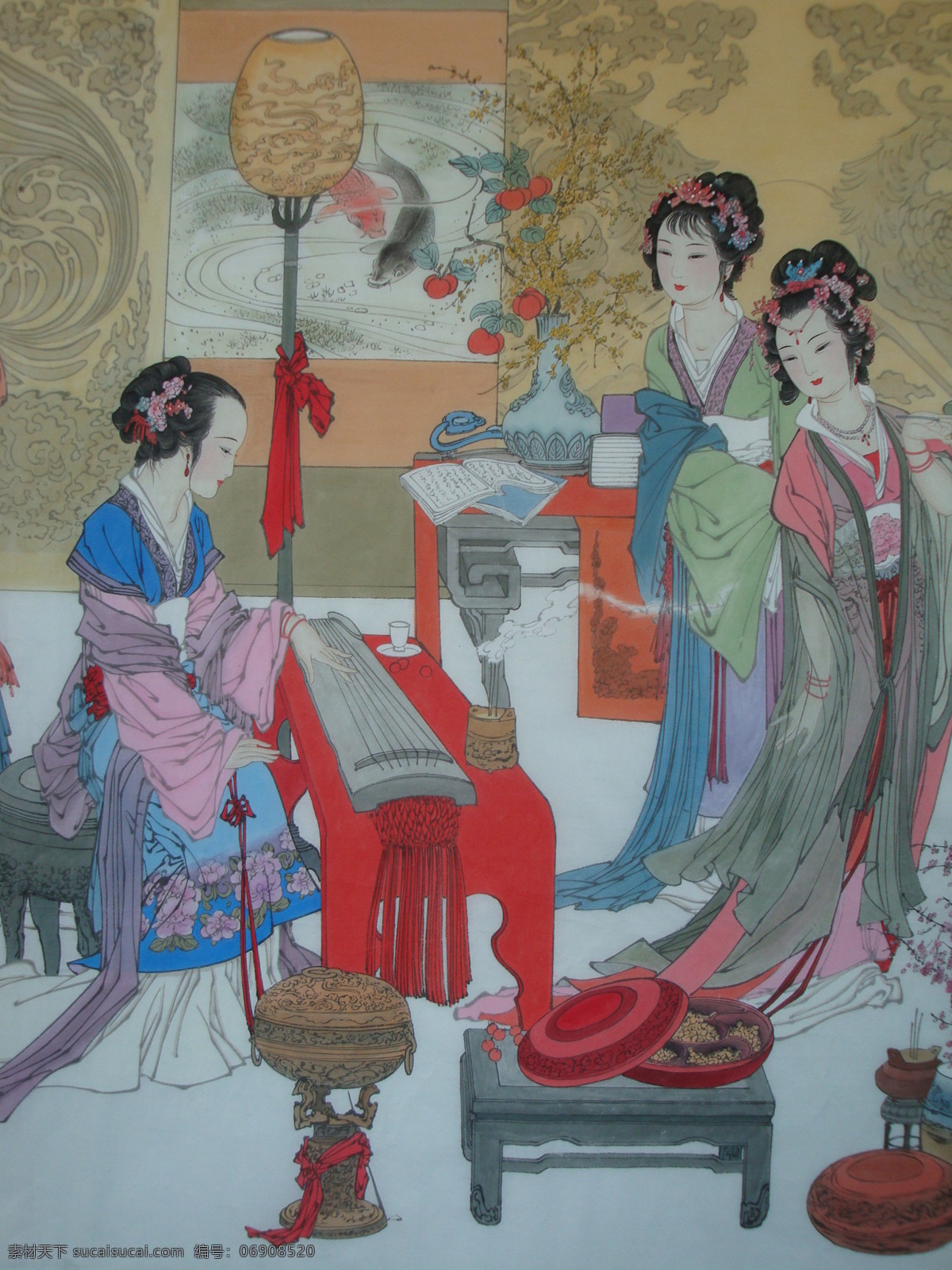 仕女 画 大图 工笔 古典 古装 美女 抚琴 绘画 艺术 传统文化 绘画书法 文化艺术