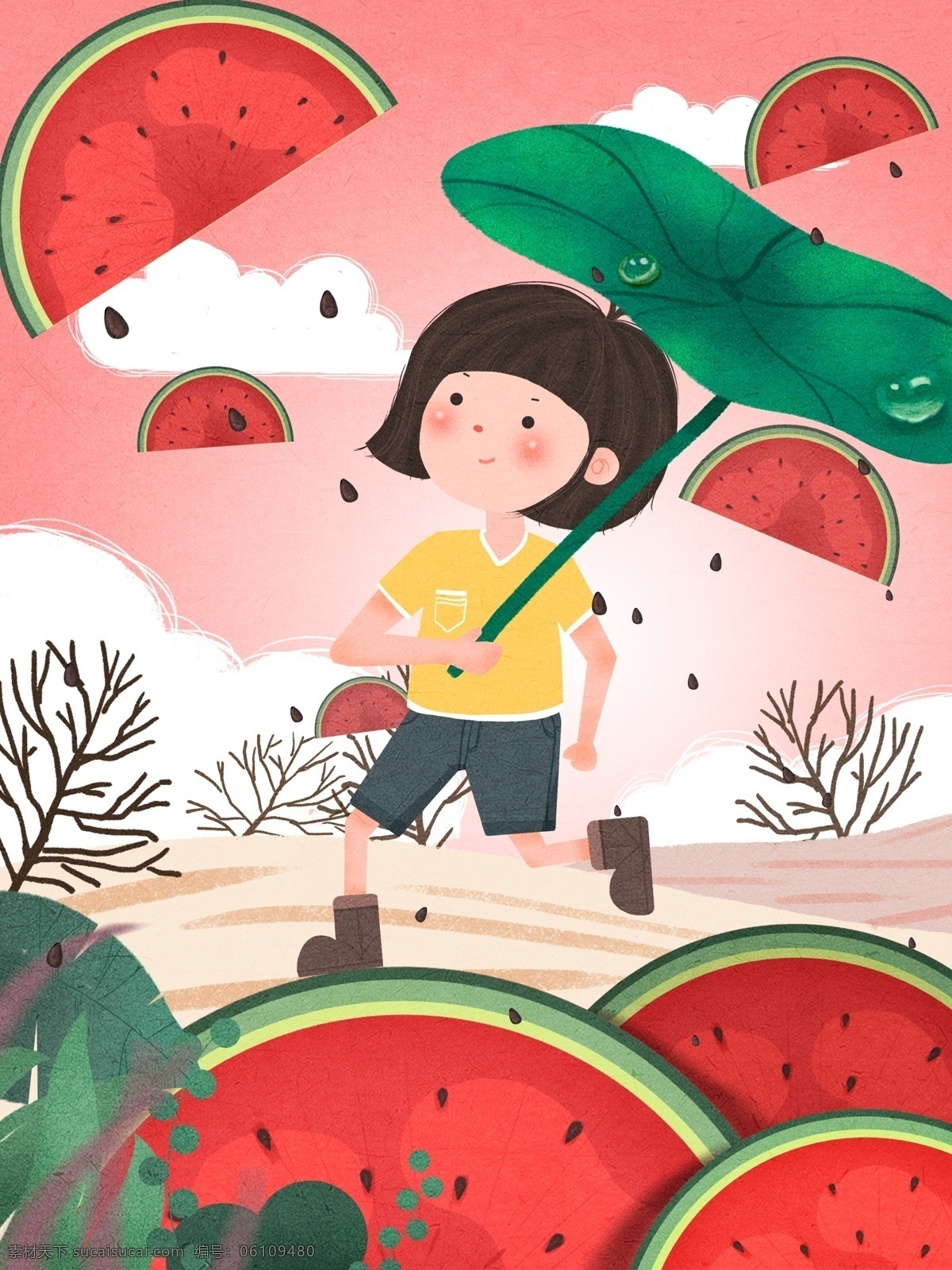 创意 水果 插画 西瓜 小女孩 打着 伞 奔跑 水果插画 荷叶