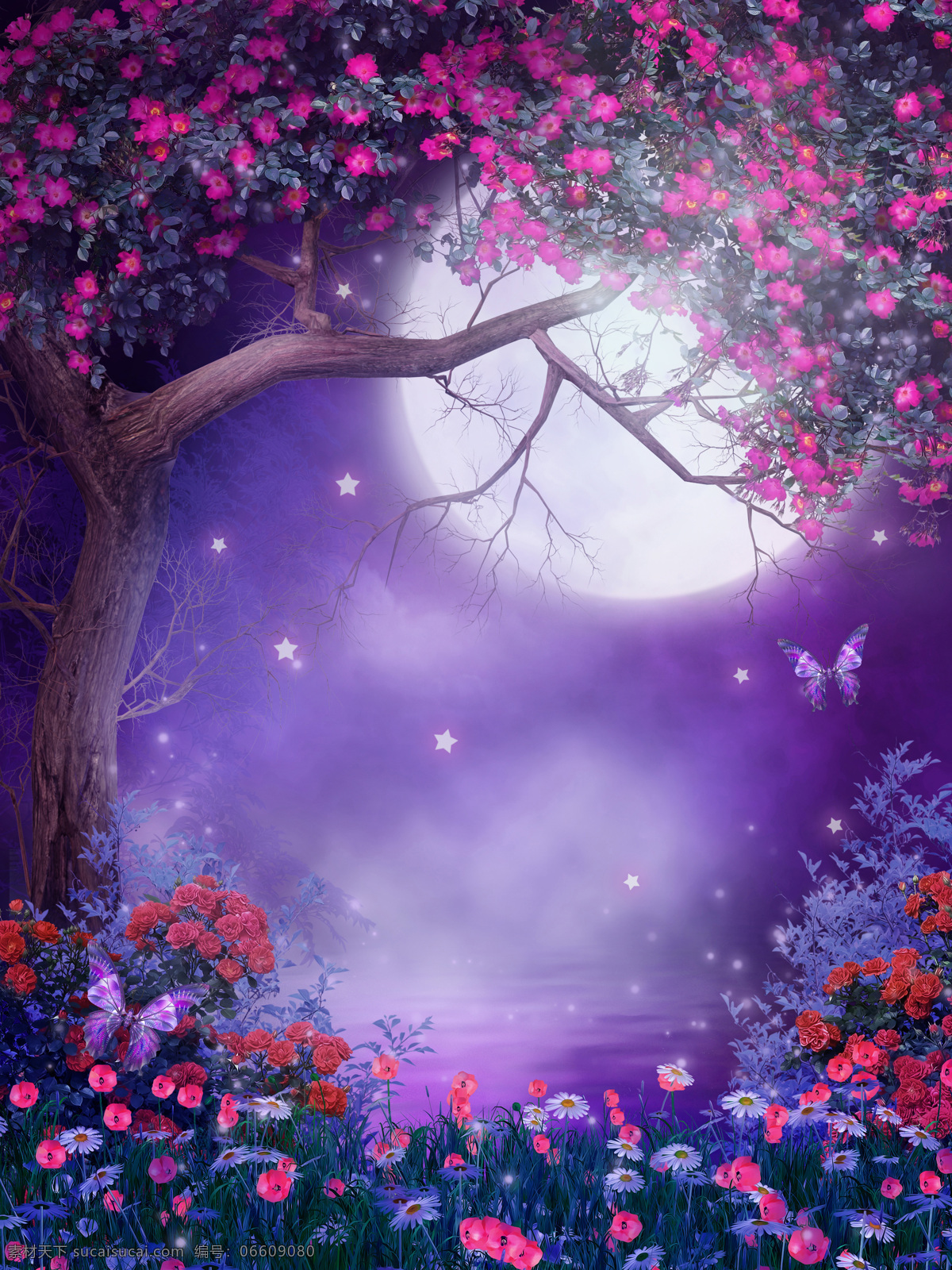 夜晚 自然 美景 月亮 星星 树 鲜花 花朵 花卉 草地 自然美景 山水风景 风景图片