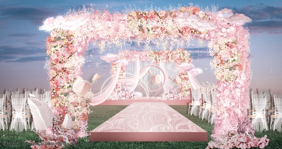 粉色 婚礼 效果图 户外婚礼 婚礼效果图 蓝天 花拱门 环境设计 舞美设计
