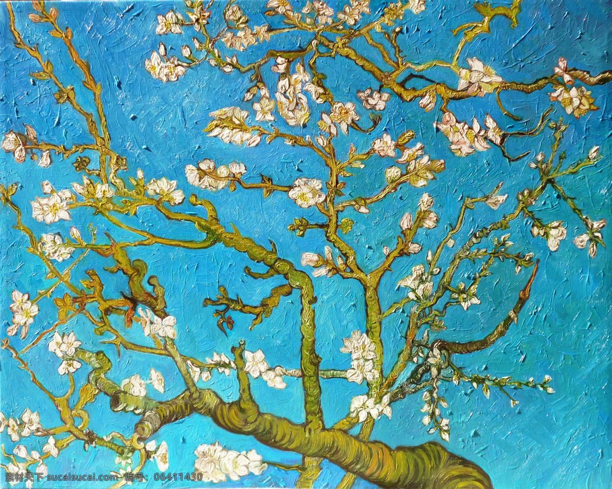 手绘树枝花朵 手绘 插画 树枝 花朵 蓝色 油画 插画与绘画 底纹边框 花边花纹