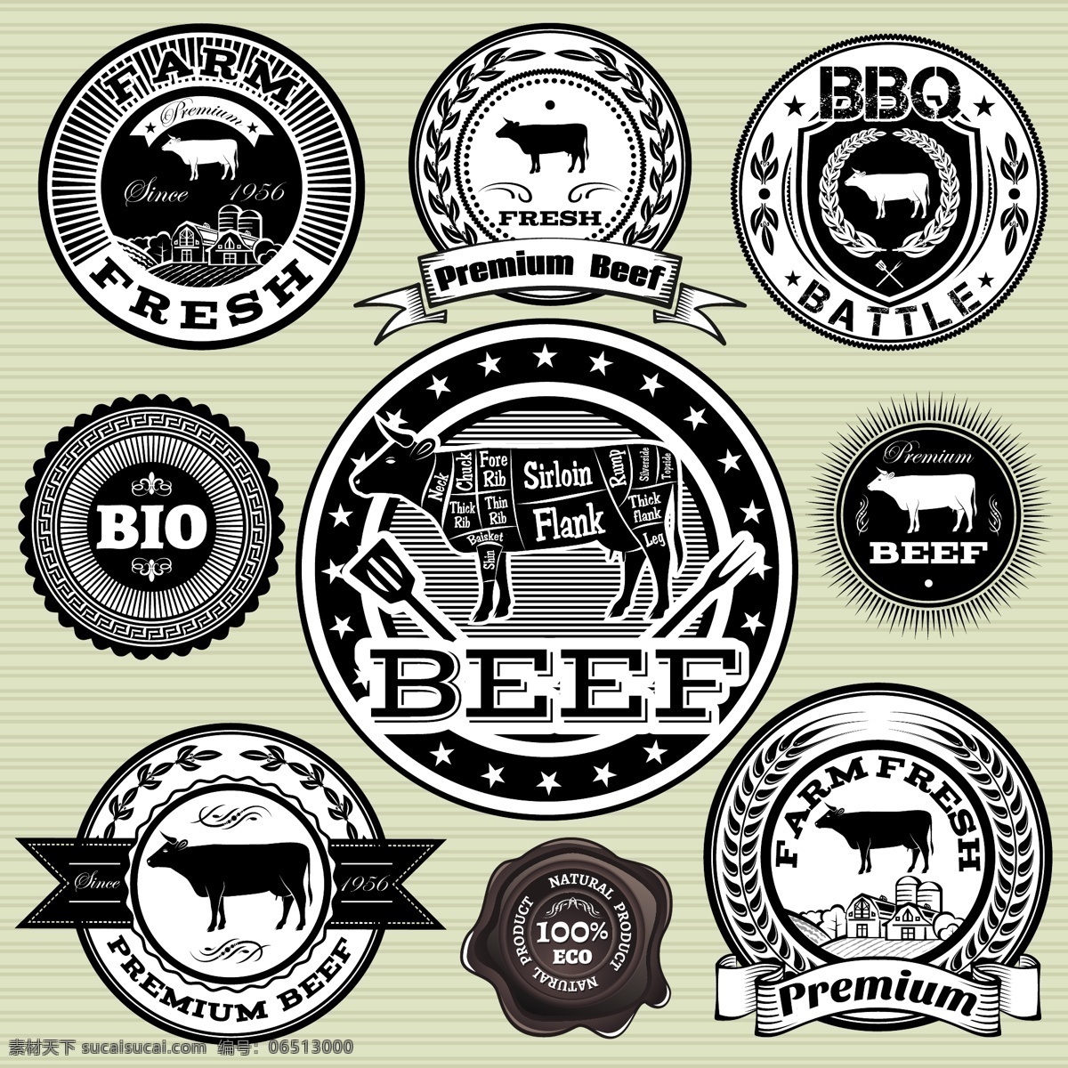 食品标签 食物标签 奶牛 牛肉 丝带 美食 标签 条幅 横幅 复古 古典 小图标 矢量 图标 标志 logo 标识标志图标