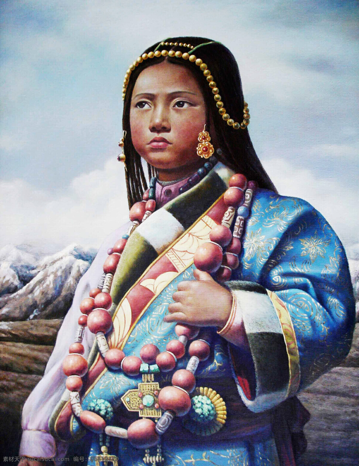 藏族小女孩 美术 绘画 油画 色彩画 人物画 女人 少女 小姑娘 动作 表情 姿势 服装 发型 雪山 油画艺术 油画作品6 绘画书法 文化艺术