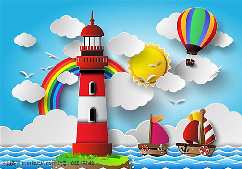 色大海和灯塔 大海 太阳 云朵 彩虹 海鸥 热气球 帆船 灯塔 航海 自然 海浪 矢量图 eps格式 青色 天蓝色
