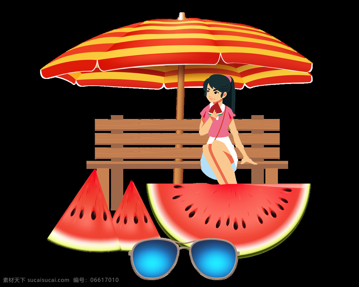 手绘 卡通 夏日 度假 装饰 女孩 时尚 遮阳伞 椅子 太阳镜 西瓜