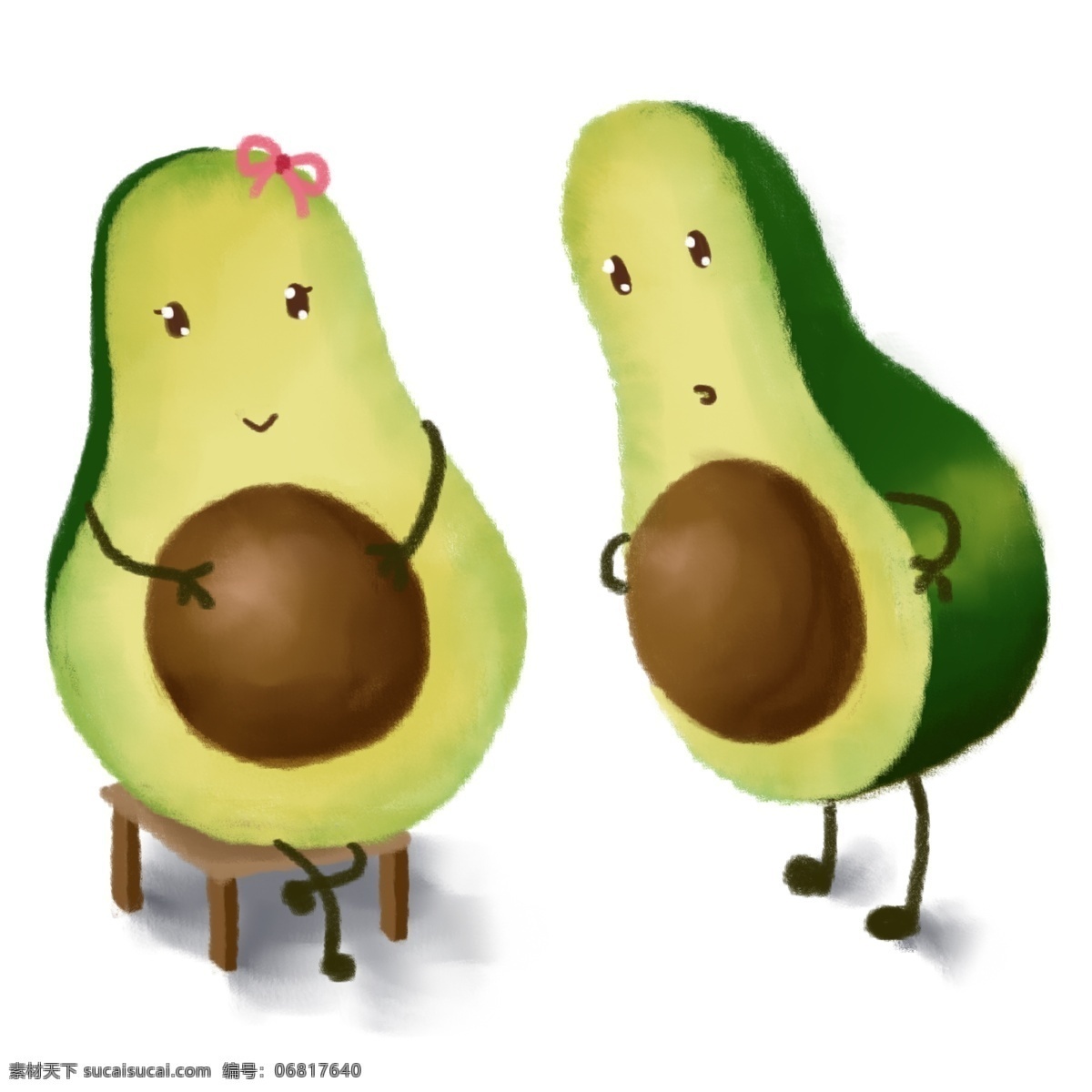 卡通 可爱 水果 笑脸 手绘 绿色 牛油果 两口子 美食 吃的 板凳 怀孕 童趣
