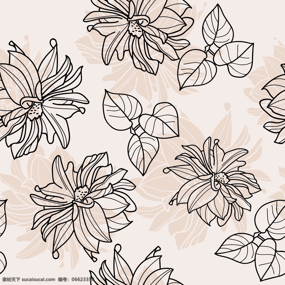 粉色 手绘 花朵 树叶 背景 矢量 黑色 花纹 简笔 平面素材 设计素材 矢量素材 植物
