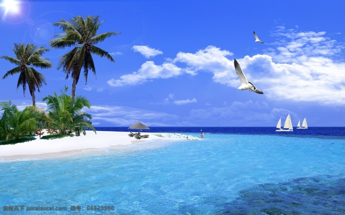 海洋 海边风光 树木 沙滩 竹椅 帆船 海鸥 云朵 分层 源文件