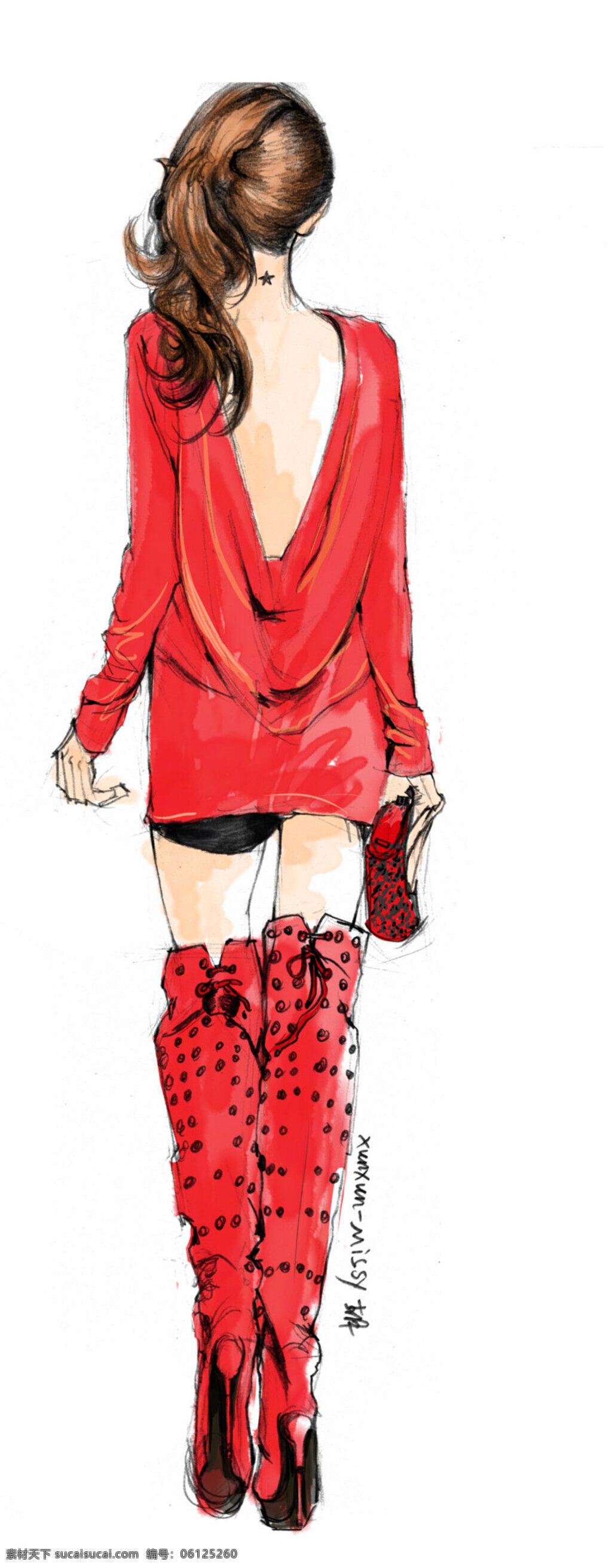 红色 露 背 连衣裙 设计图 服装设计 时尚女装 职业女装 职业装 女装设计 效果图 短裙 衬衫 服装 服装效果图