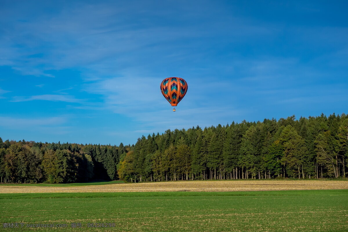空中 飞翔 热气球 高清 草地 树林 树木 绿树