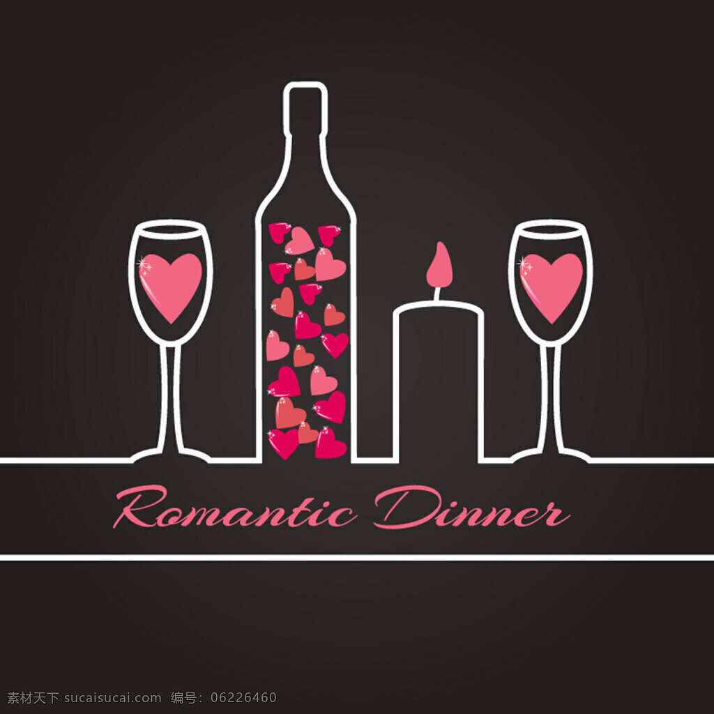 心形 浪漫 晚餐 插画 心形素材 粉色心 红色心 蜡烛 酒杯 酒瓶 线条画 心形火焰 浪漫晚餐 烛光晚餐 黑色