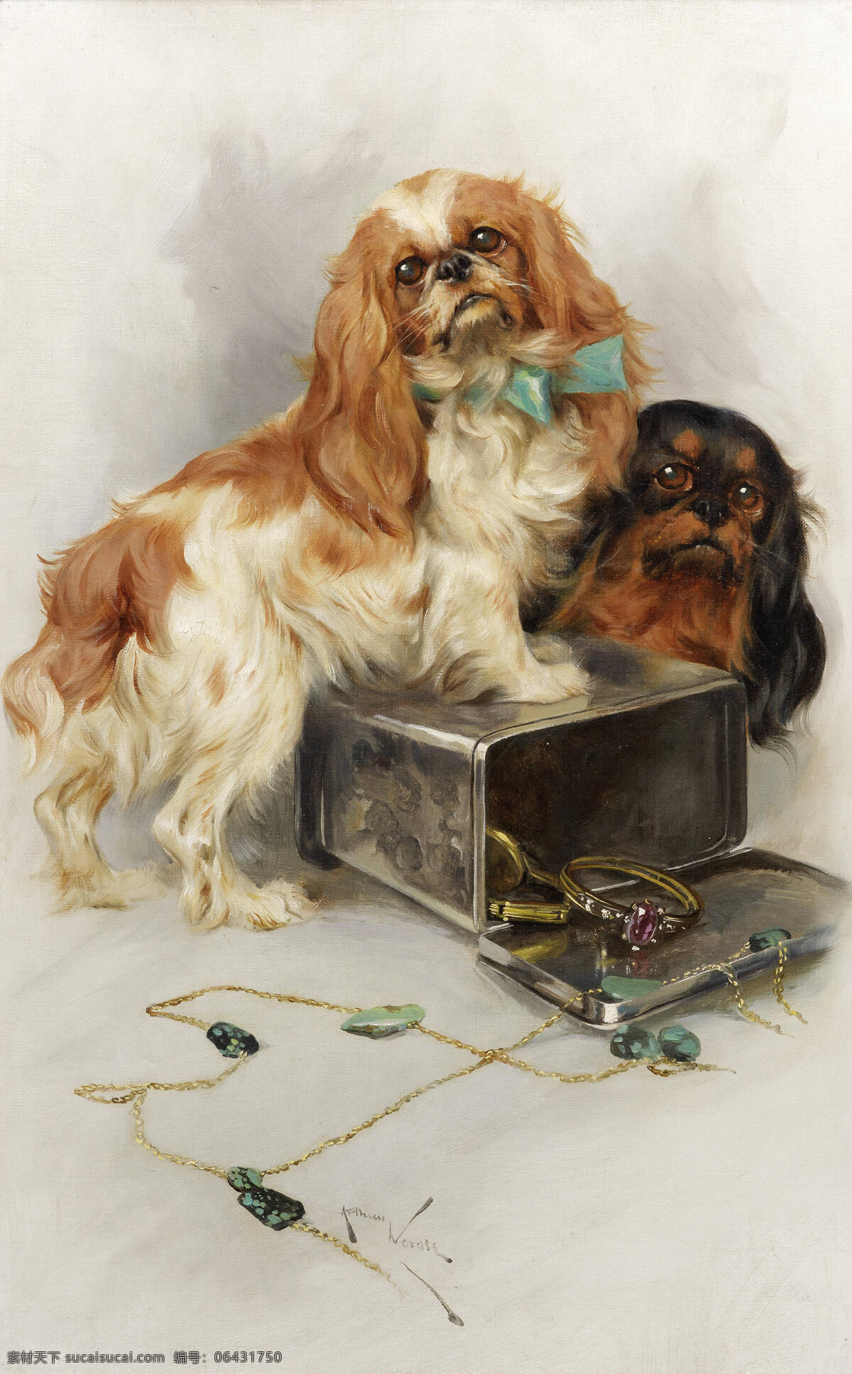 小狗 宠物犬 贵族之家 推倒首饰箱 两只蝴蝶犬 调皮捣蛋 19世纪油画 油画 文化艺术 绘画书法