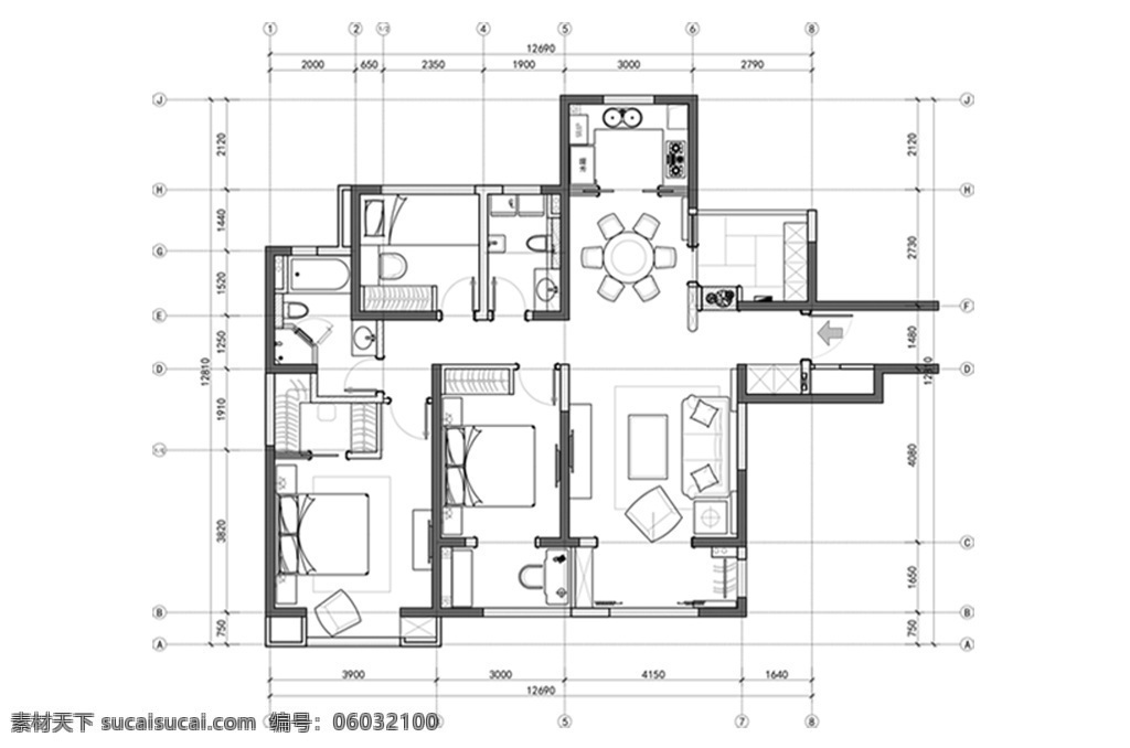 cad 三居室 户型 平面 方案 高层 图 定制 居室布局定制 三室一厅 居室 平面图 多层