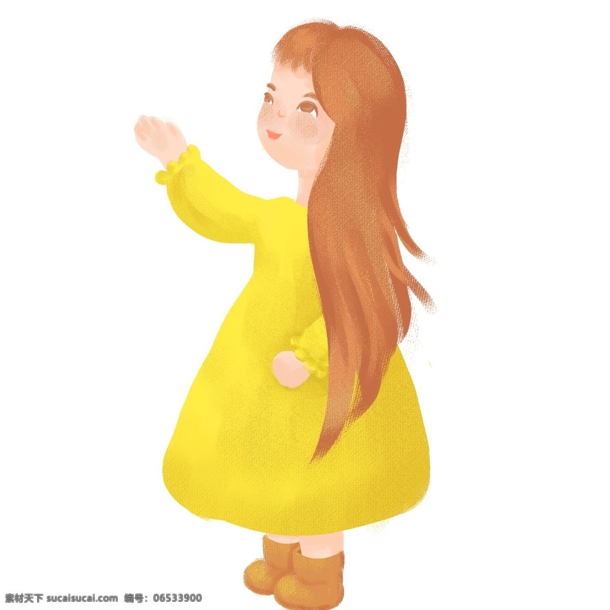 穿 黄色 长裙 长发 卡通 小女孩 卡通小女孩 黄色长裙 看向远方 披着棕色长发 抬起 手