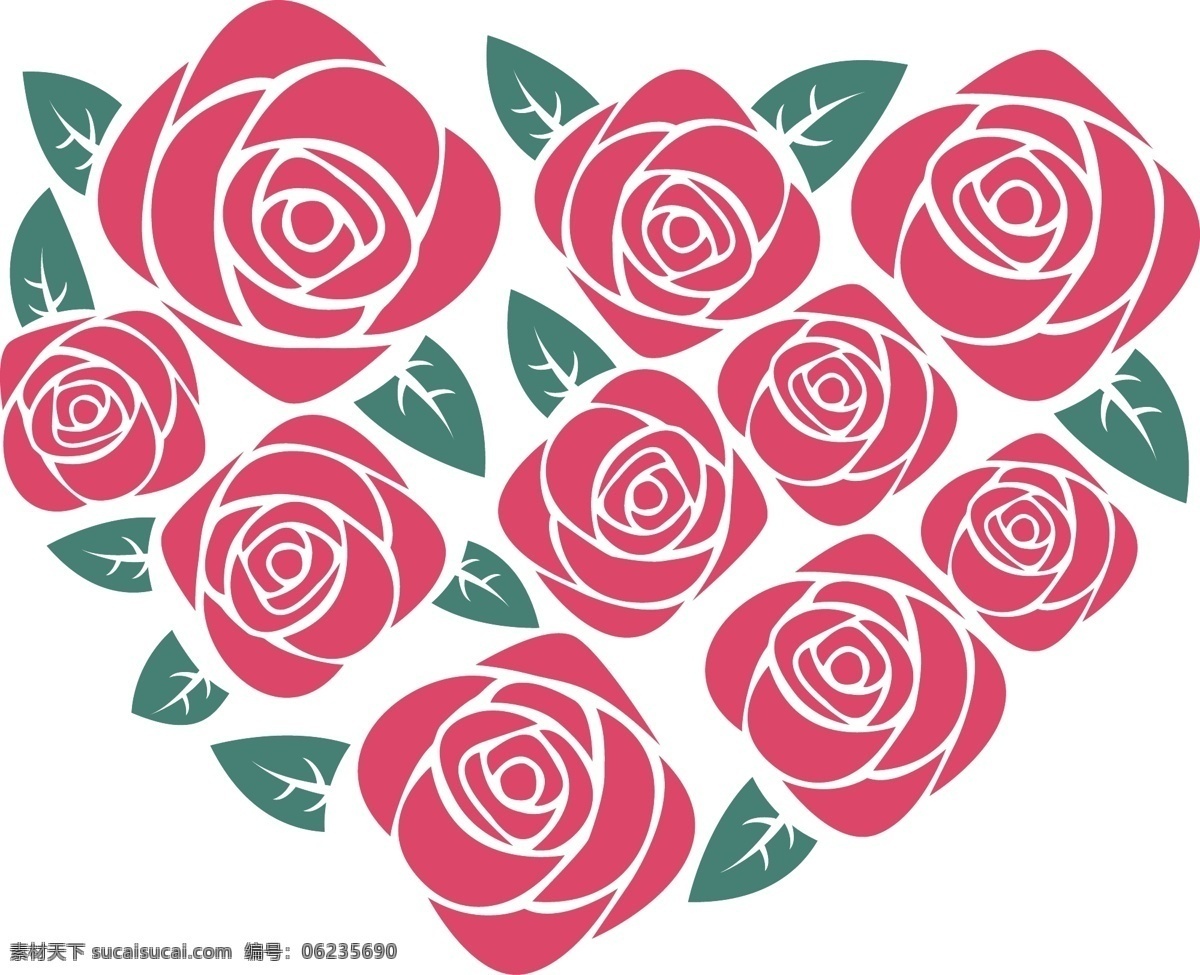 心形玫瑰元素 手绘 心形 绿叶 粉色 玫瑰
