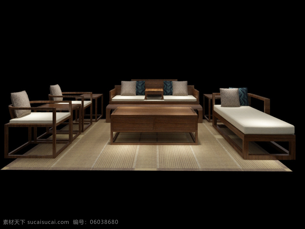 新 中式 沙发 3d 模型 新中式 max 木沙发 茶几 贵妃椅