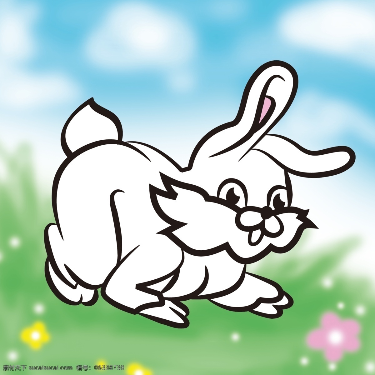 卡通 小 白兔 草地 儿童插画 儿童画 卡通小白兔 可爱 蓝天 手绘 小白兔 手绘卡通画 源文件 插画集