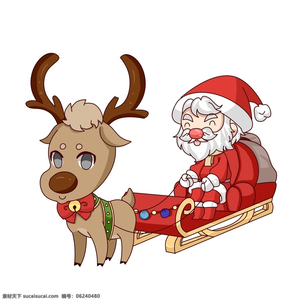 圣诞节 萌 系 圣诞老人 驯鹿 雪橇 元素 圣诞 圣诞夜 可爱 手绘 红色 萌系 礼物 包裹 老人 红鼻子