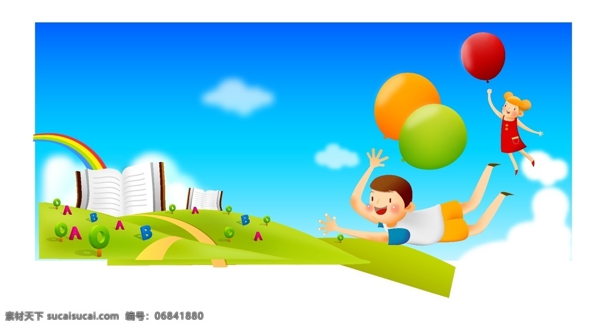 飞行的人 彩虹 开空 蓝色天空 白云 飞行的儿童 气球