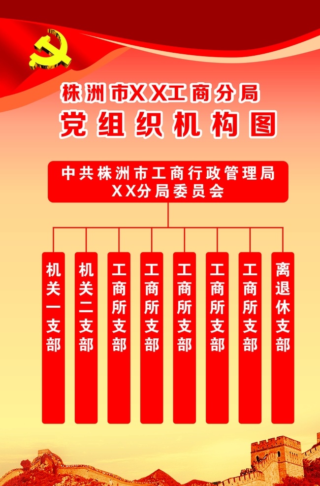 组织机构图 框架图 党支部结构 红色 党建 x7 长城 党徽