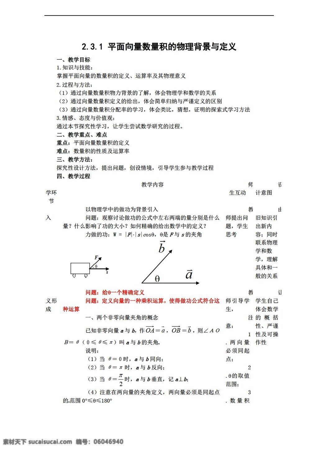 数学 人教 新 课 标 b 版 向量 数量 积 物理 背景 定义 教案 必修 必修4