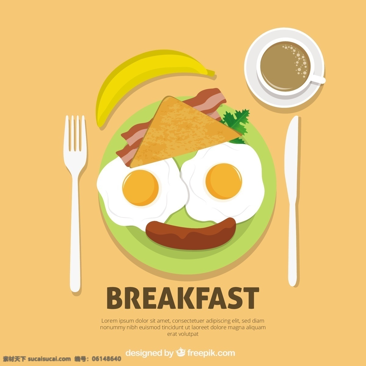 愉快 脸 早餐 食品 背景 咖啡 水果 面包 三明治 香蕉 鸡蛋 吃 早晨 刀 菜 烤面包 上 熏猪肉