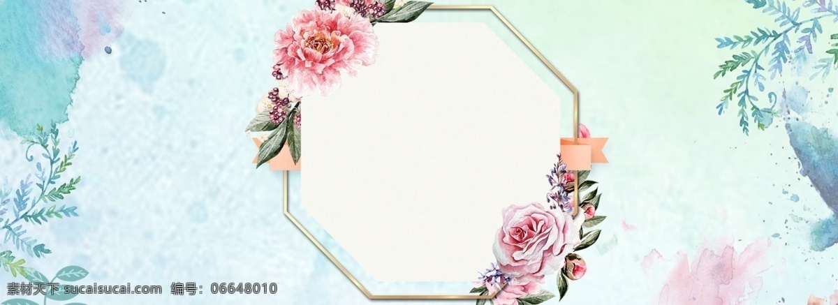 清新 花环 绿叶 banner 唯美 植物 背景 卡通 简约 花卉 夏日 清凉 场景